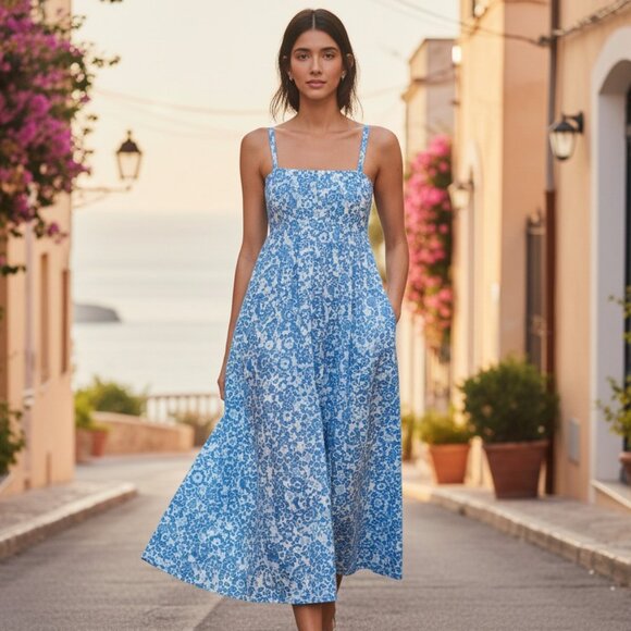 De Loreta Veracruz Cotton Midi Dress Square Neck Smocked Back NWT M